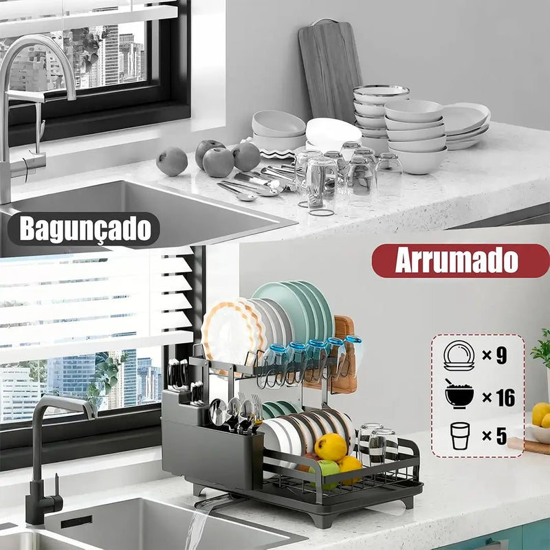 Escorredor 3 em 1 de Aço Inoxidável Multifuncional: Dobrável e Antiderrapante + BRINDE: Kit de Utensílios de Cozinha | LIQUIDAÇÃO ÚNICA