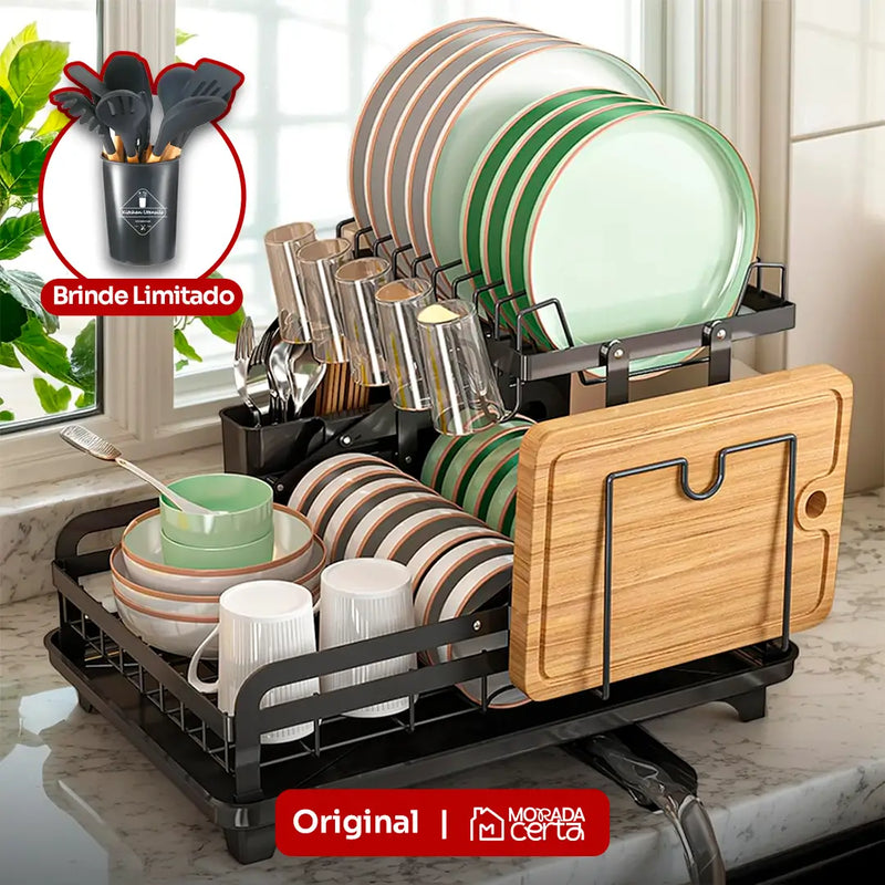 Escorredor 3 em 1 de Aço Inoxidável Multifuncional: Dobrável e Antiderrapante + BRINDE: Kit de Utensílios de Cozinha | LIQUIDAÇÃO ÚNICA
